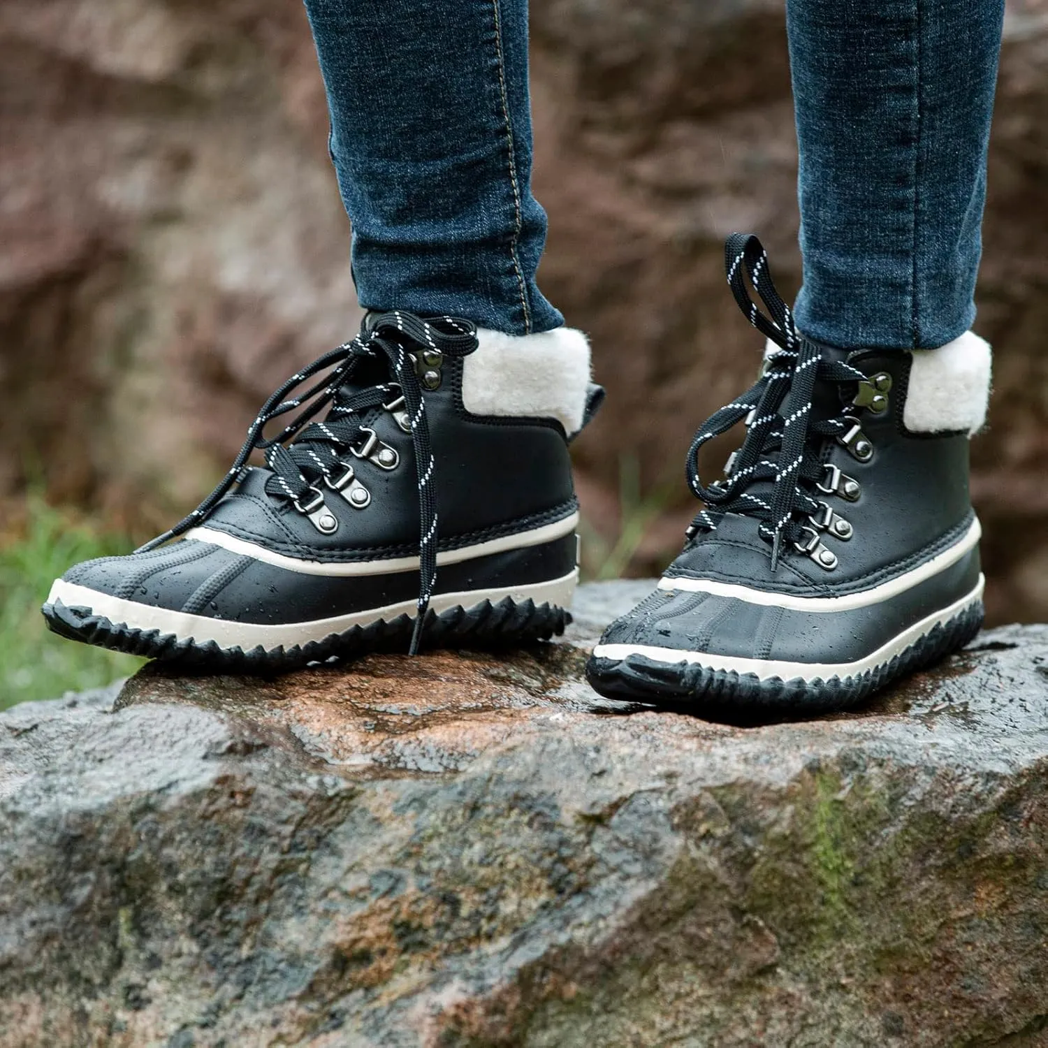 GAWBAW Womens Waterproof Winter Snow Boots - Warm Faux Fur Lined Lace up Duck Boots Ankle Rain Boots For Women