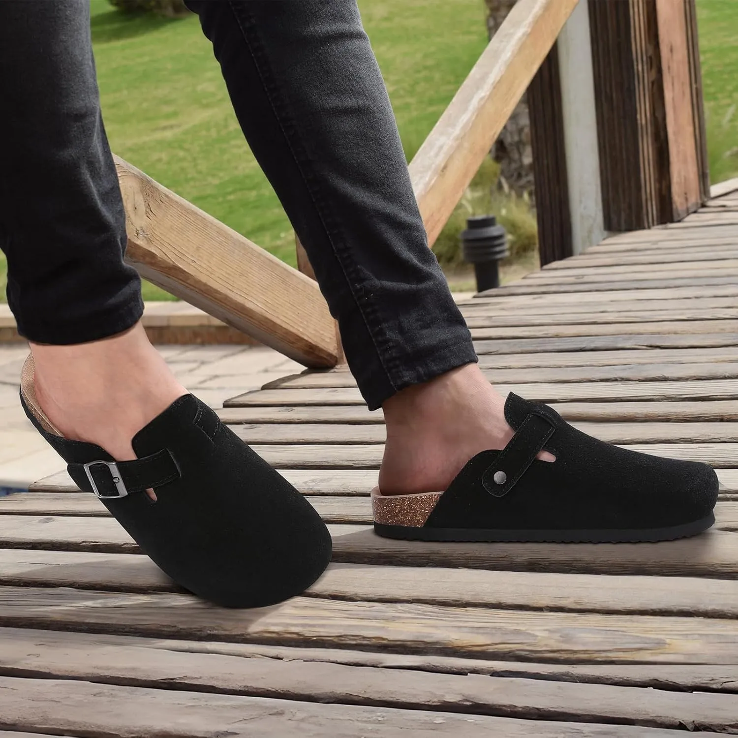 Genuine Suede Clogs for Women Men Soft Cork Footbed Leather Mules Comfort Potato Shoes with Arch Support