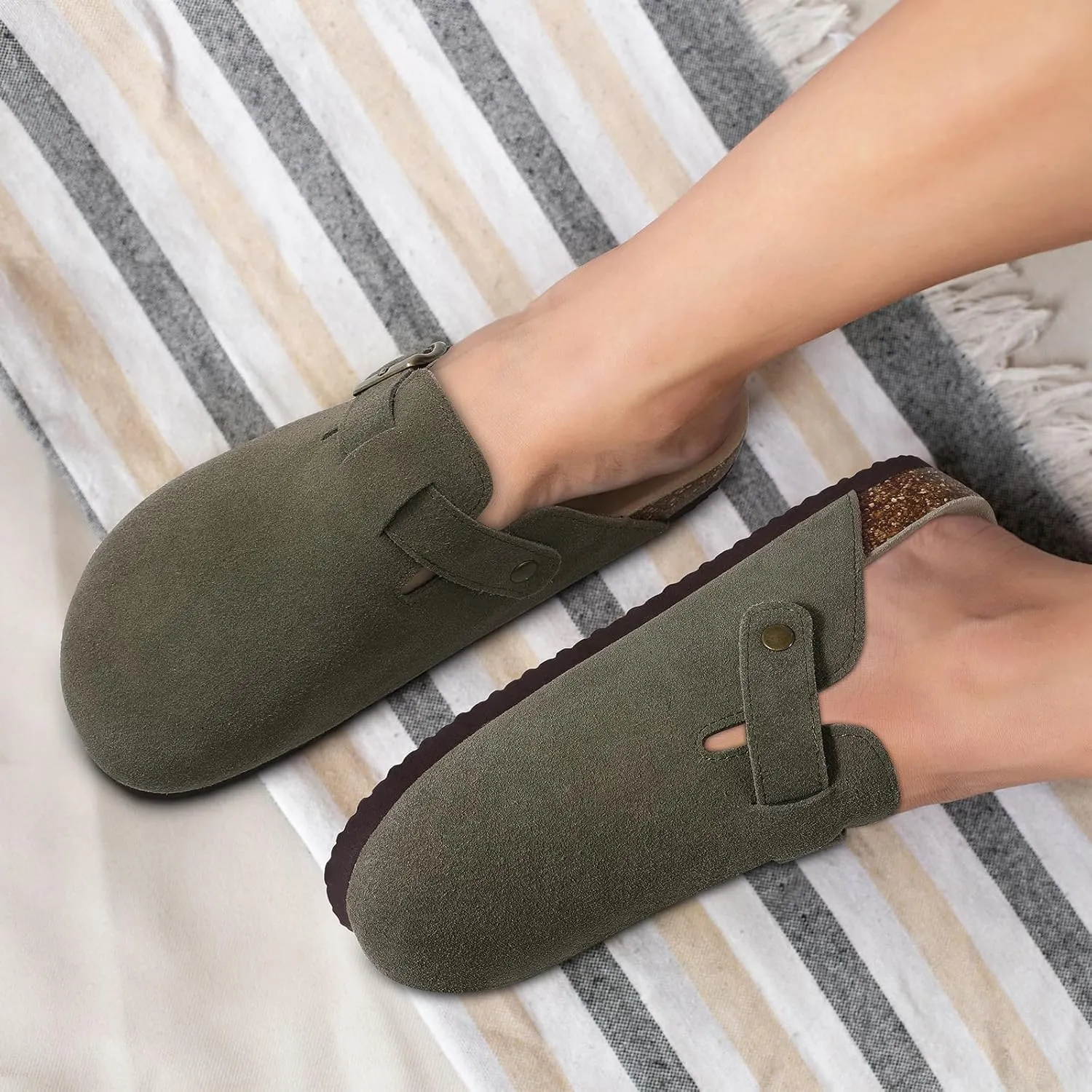 Genuine Suede Clogs for Women Men Soft Cork Footbed Leather Mules Comfort Potato Shoes with Arch Support