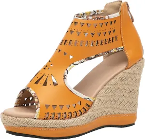 getmorebeauty Women's Hollow Boho Wedge Sandals Open Toe Back Zipper High Heel Platform Dress Shoes