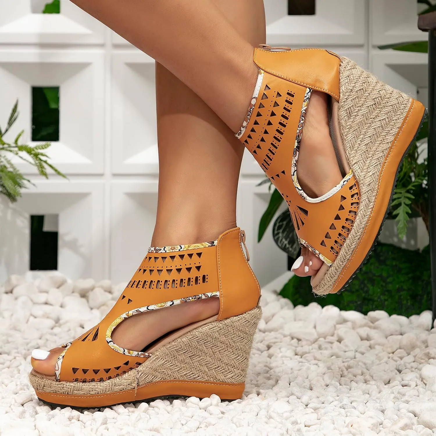 getmorebeauty Women's Hollow Boho Wedge Sandals Open Toe Back Zipper High Heel Platform Dress Shoes