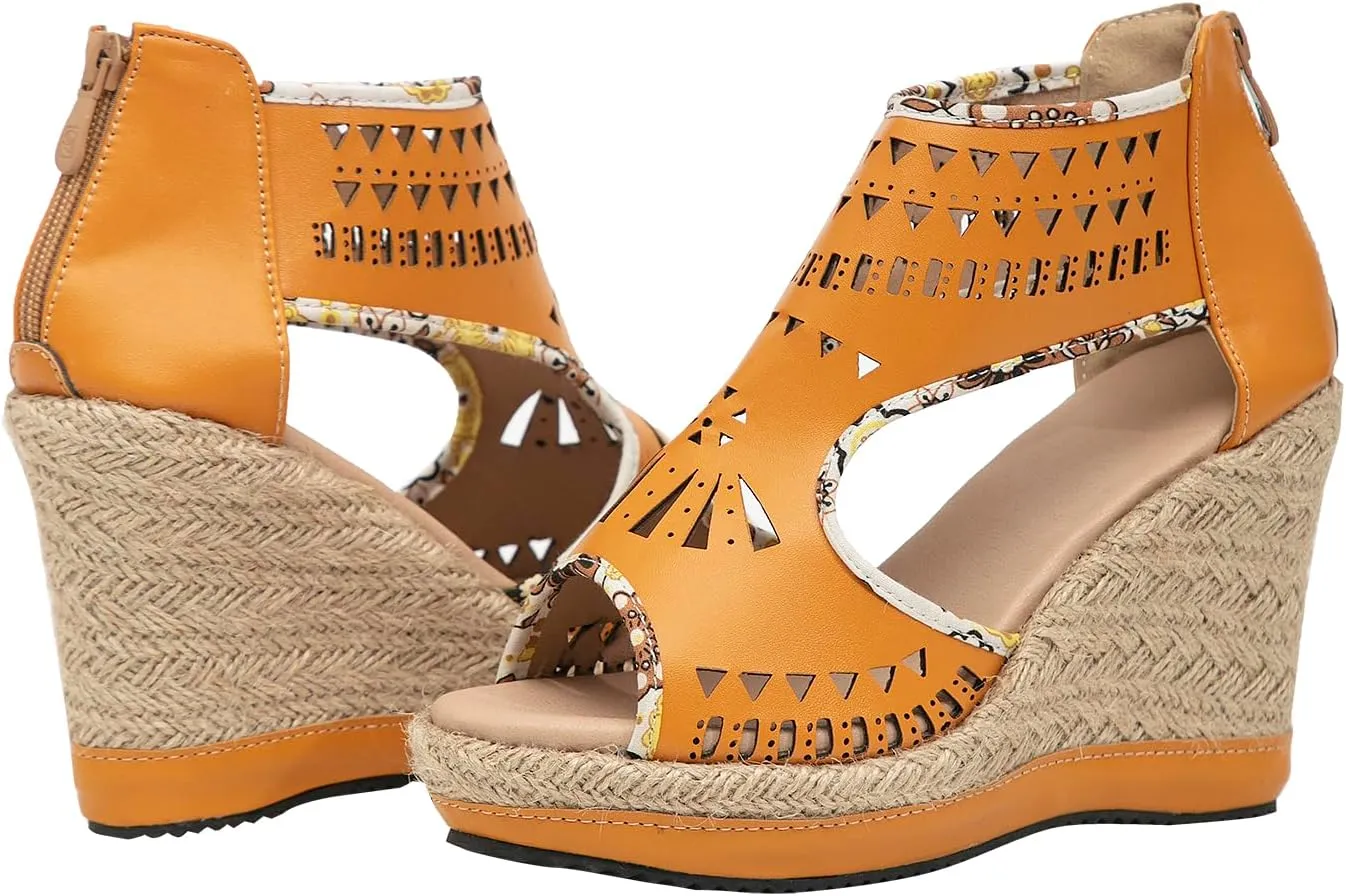 getmorebeauty Women's Hollow Boho Wedge Sandals Open Toe Back Zipper High Heel Platform Dress Shoes