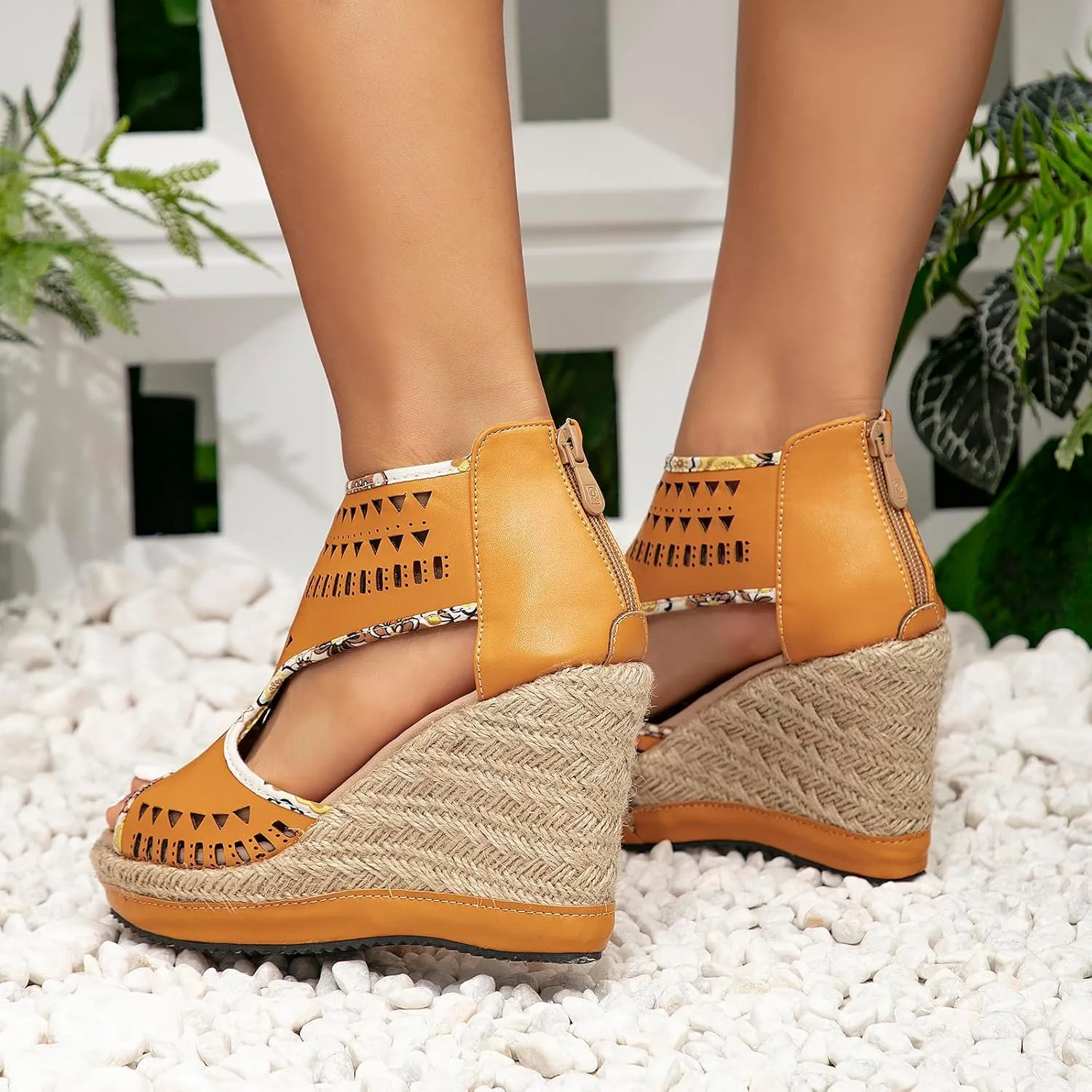 getmorebeauty Women's Hollow Boho Wedge Sandals Open Toe Back Zipper High Heel Platform Dress Shoes