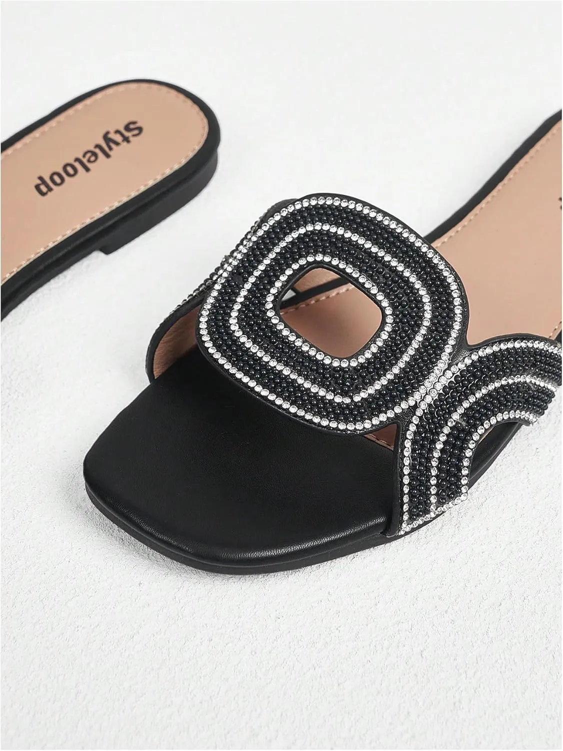GORGLITTER Women's Summer Black Beach Sandals Rhinestone Flats Cut Out Sandals Sparkly Sandals