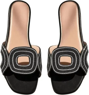 GORGLITTER Women's Summer Black Beach Sandals Rhinestone Flats Cut Out Sandals Sparkly Sandals
