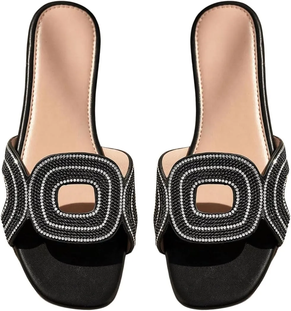 GORGLITTER Women's Summer Black Beach Sandals Rhinestone Flats Cut Out Sandals Sparkly Sandals