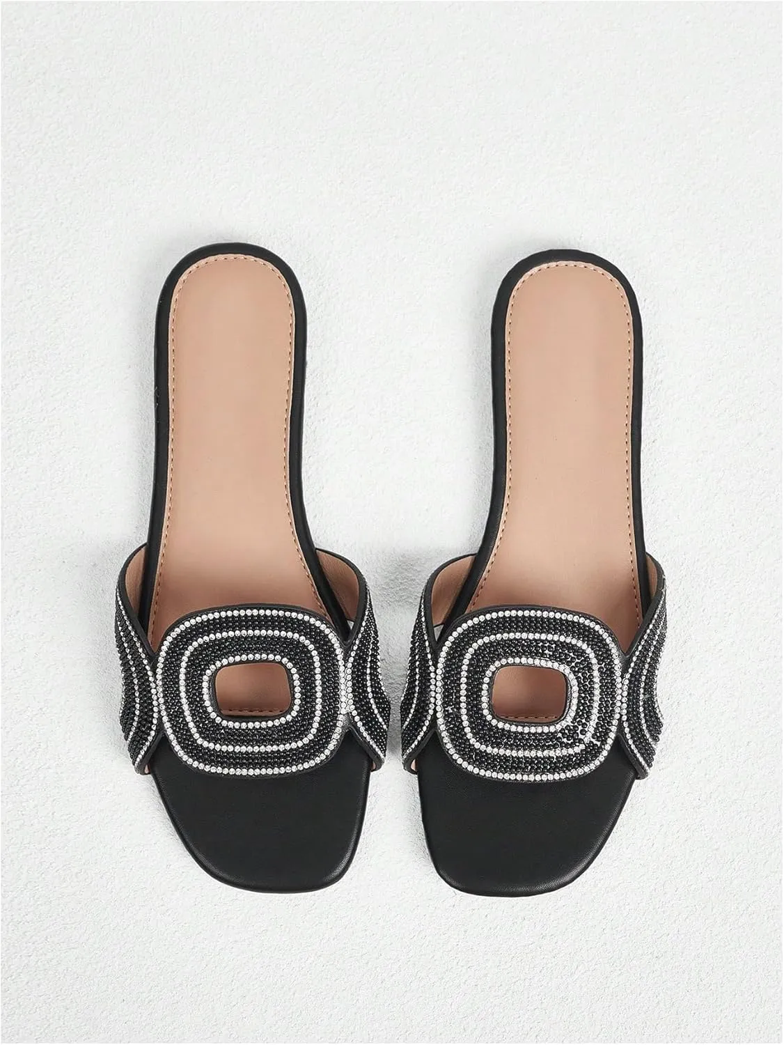GORGLITTER Women's Summer Black Beach Sandals Rhinestone Flats Cut Out Sandals Sparkly Sandals