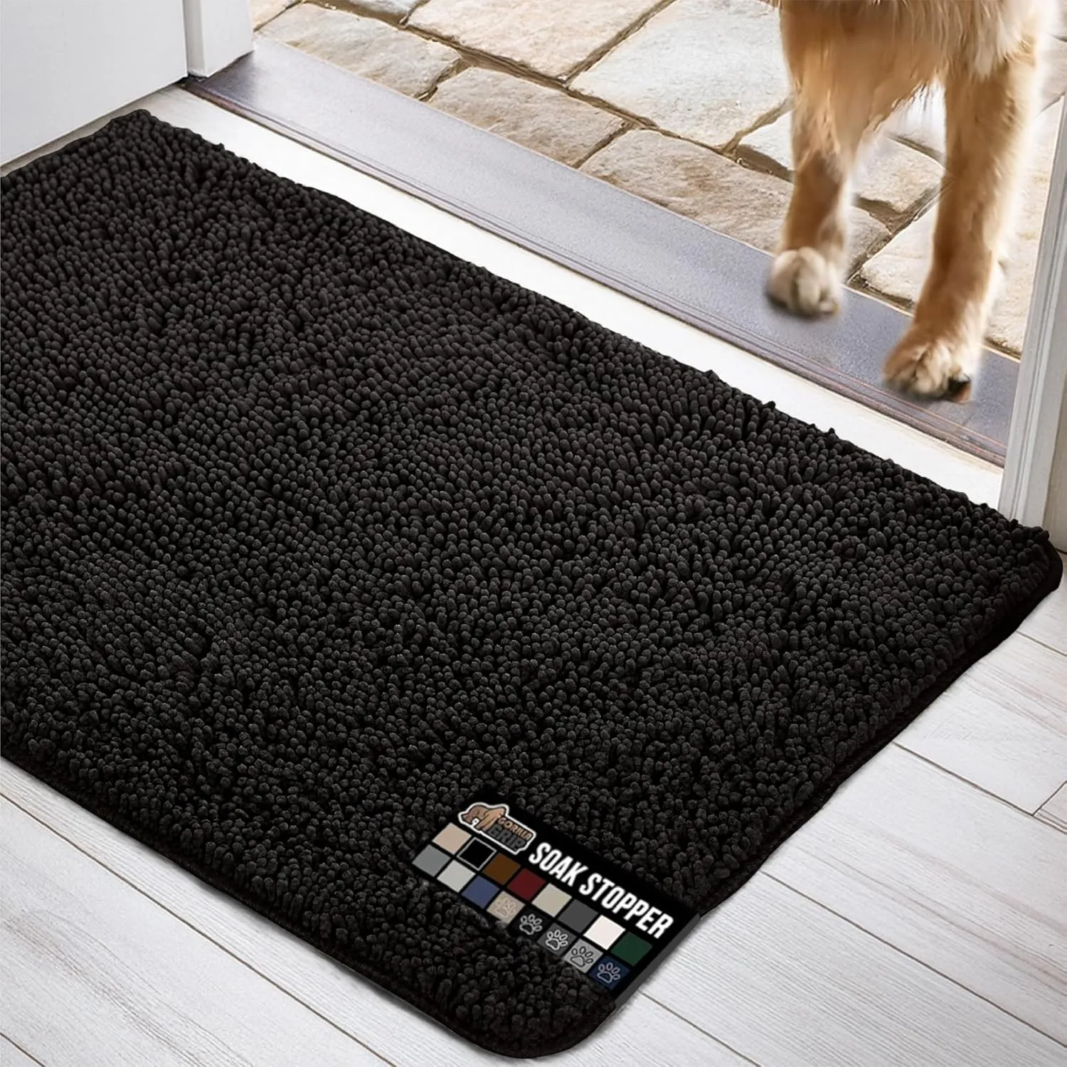 GORILLA GRIP Ultra Absorbent Grippy Doormat for Muddy Dog Paws, 48x30 Machine Washable Soakstopper Rugs Cleaner Floors, Bed Mat for Dirty Dogs, Indoor Entrance Door Rug Pet Bed Mats Black