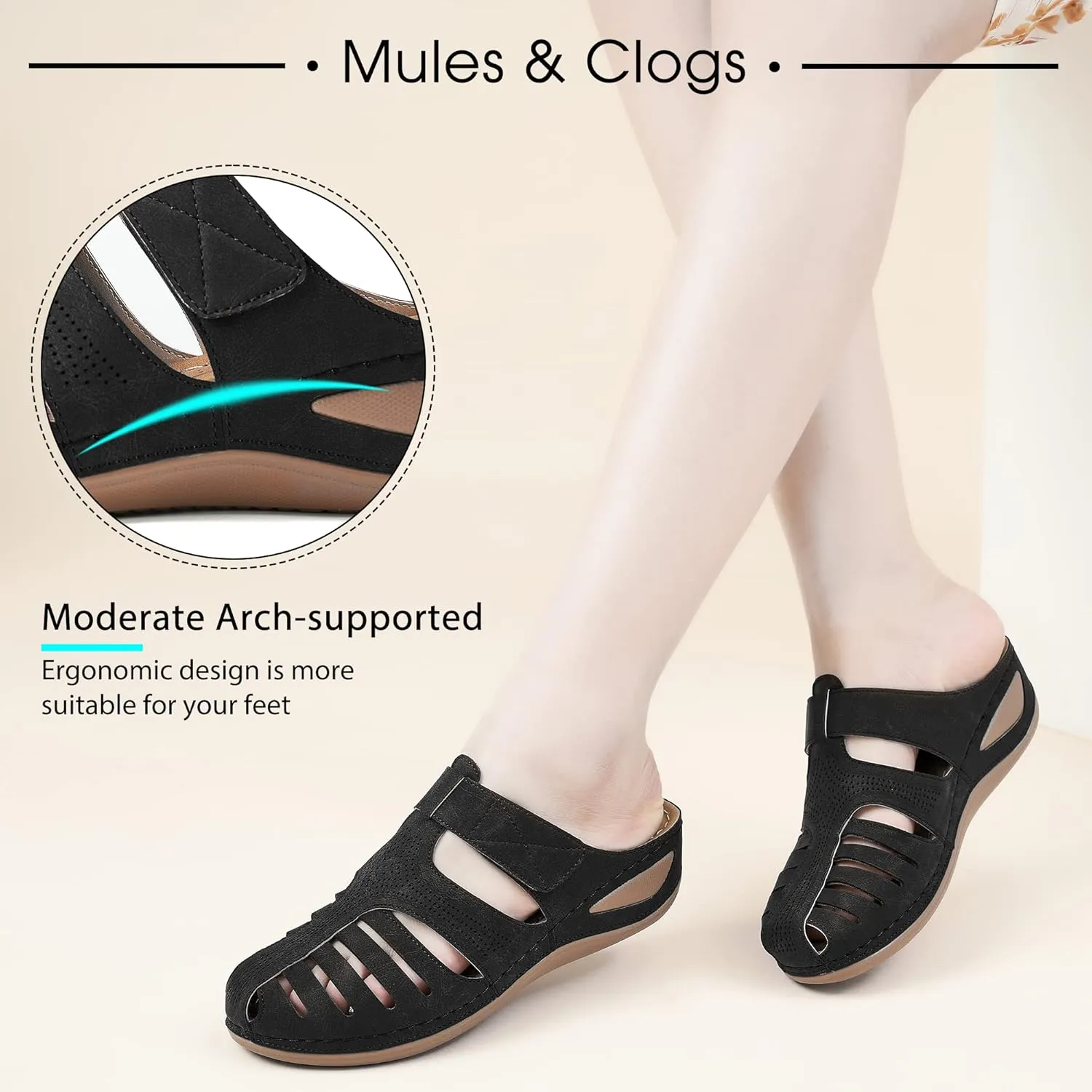 HARENCE Clogs for Women Mules Shoes: Comfortable Dressy Closed Toe Platform Sandals Summer Casual Adjustable Slip On Walking Wedges