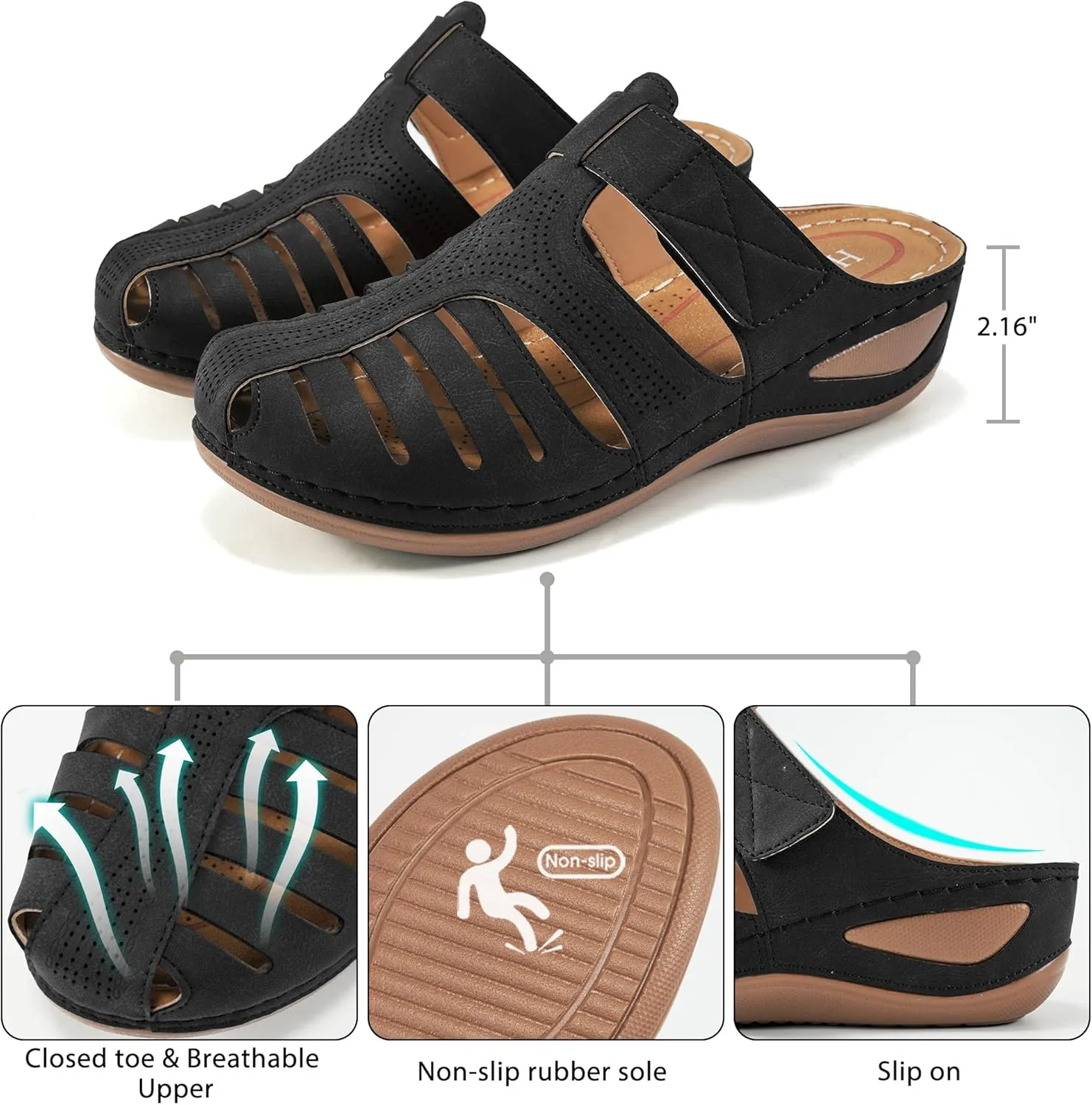 HARENCE Clogs for Women Mules Shoes: Comfortable Dressy Closed Toe Platform Sandals Summer Casual Adjustable Slip On Walking Wedges