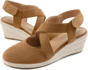 HARENCE Espadrilles Wedge Sandals for Women: Comfortable Closed Toe Ankle Strap Summer Dressy Platform Heels Shoes