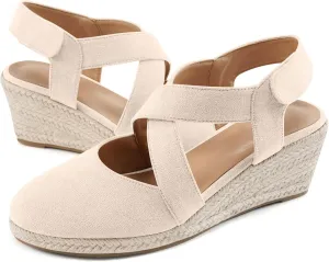 HARENCE Espadrilles Wedge Sandals for Women: Comfortable Closed Toe Ankle Strap Summer Dressy Platform Heels Shoes