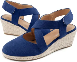 HARENCE Espadrilles Wedge Sandals for Women: Comfortable Closed Toe Ankle Strap Summer Dressy Platform Heels Shoes