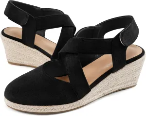 HARENCE Espadrilles Wedge Sandals for Women: Comfortable Closed Toe Ankle Strap Summer Dressy Platform Heels Shoes