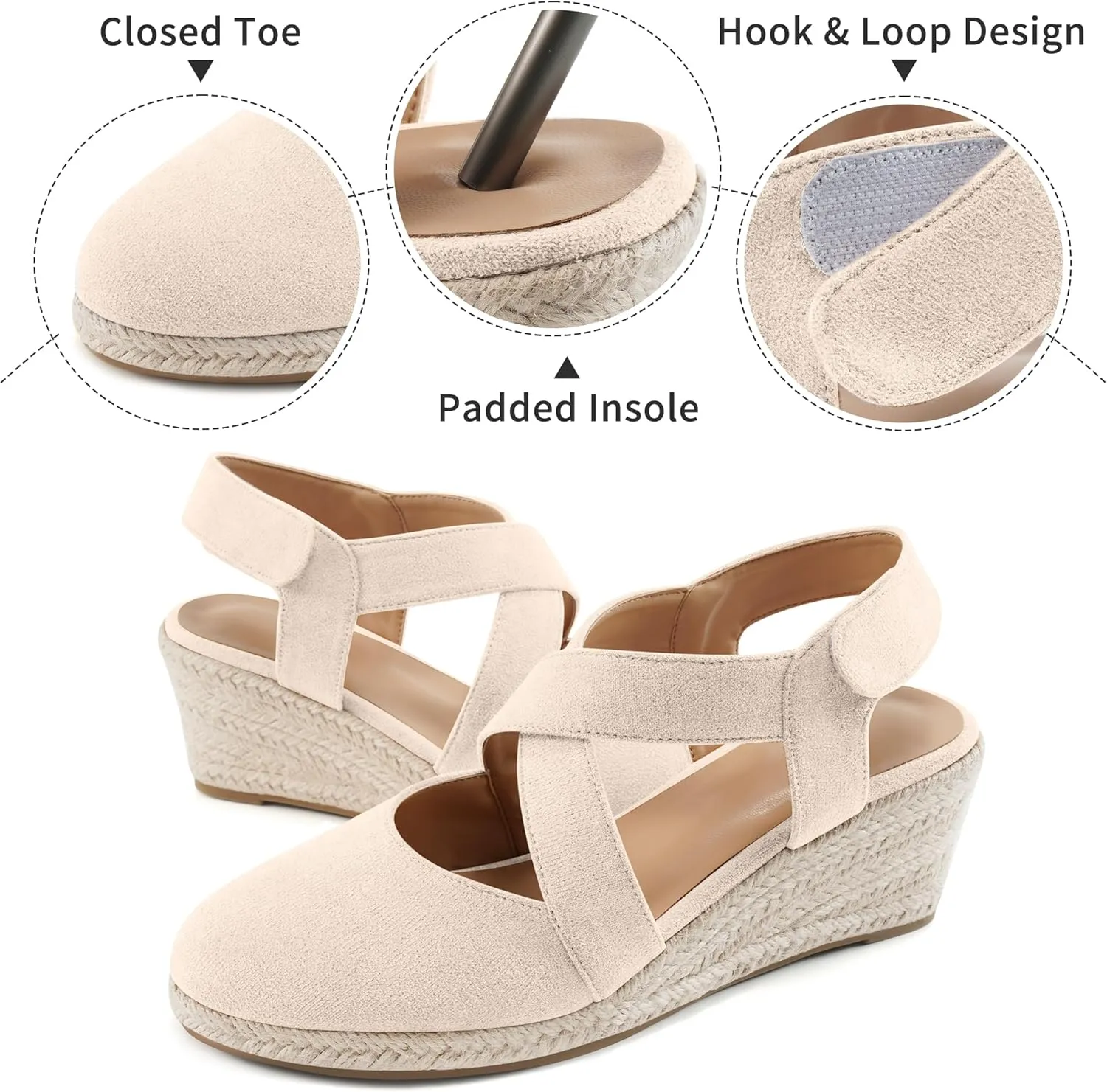 HARENCE Espadrilles Wedge Sandals for Women: Comfortable Closed Toe Ankle Strap Summer Dressy Platform Heels Shoes