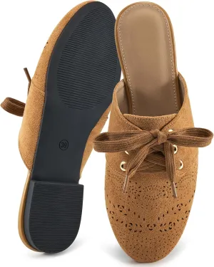 HARENCE Mules for Women Casual Flats: Comfortable Round Toe Slip on Backless Mule Dressy Business Office Flat Shoes