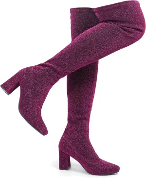 Hawkwell Women's Comfort Chunky Thigh High Boots Pointy-toe and High-heel Party Wedding Shiny Dressy Over The Knee Boots