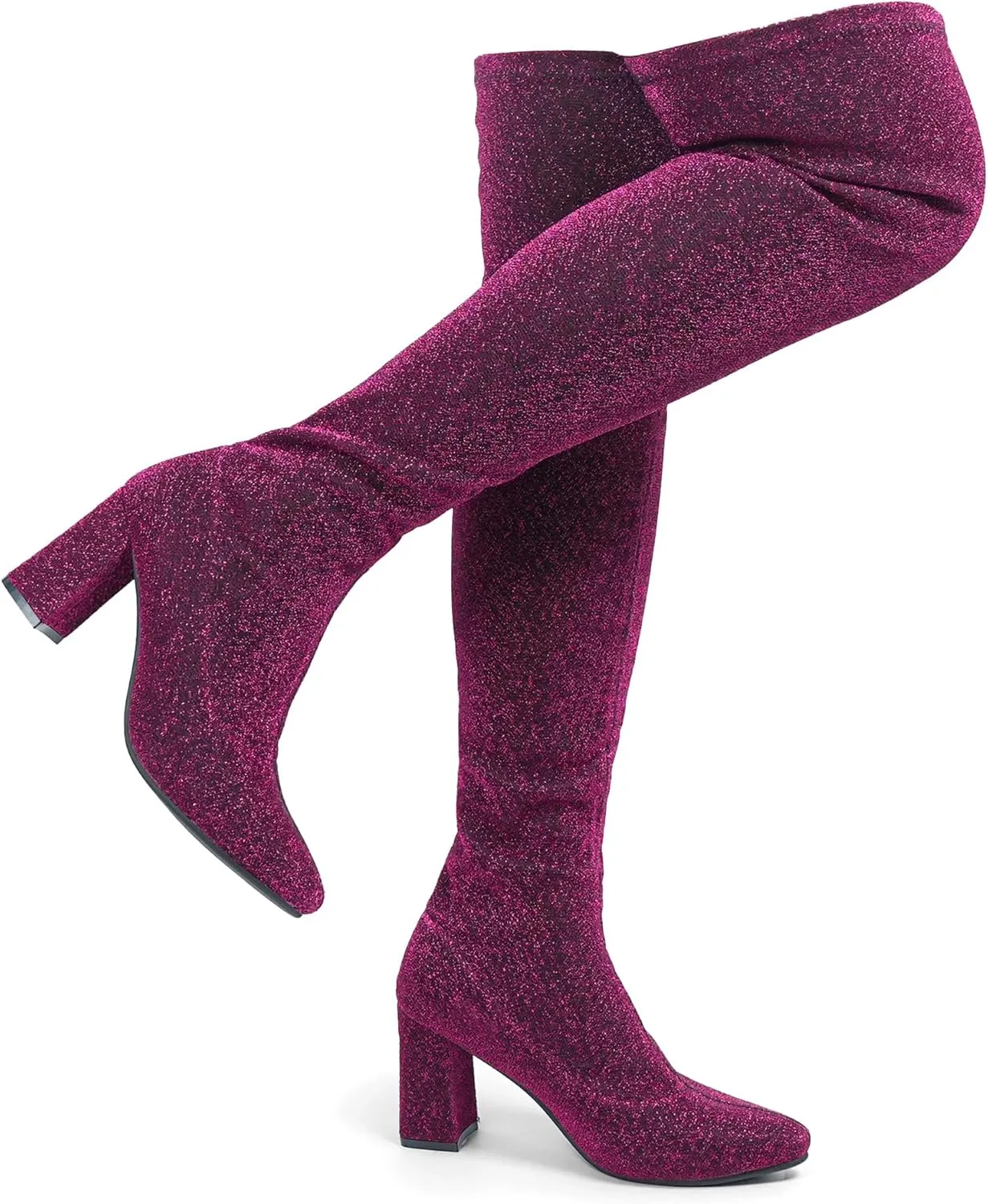 Hawkwell Women's Comfort Chunky Thigh High Boots Pointy-toe and High-heel Party Wedding Shiny Dressy Over The Knee Boots