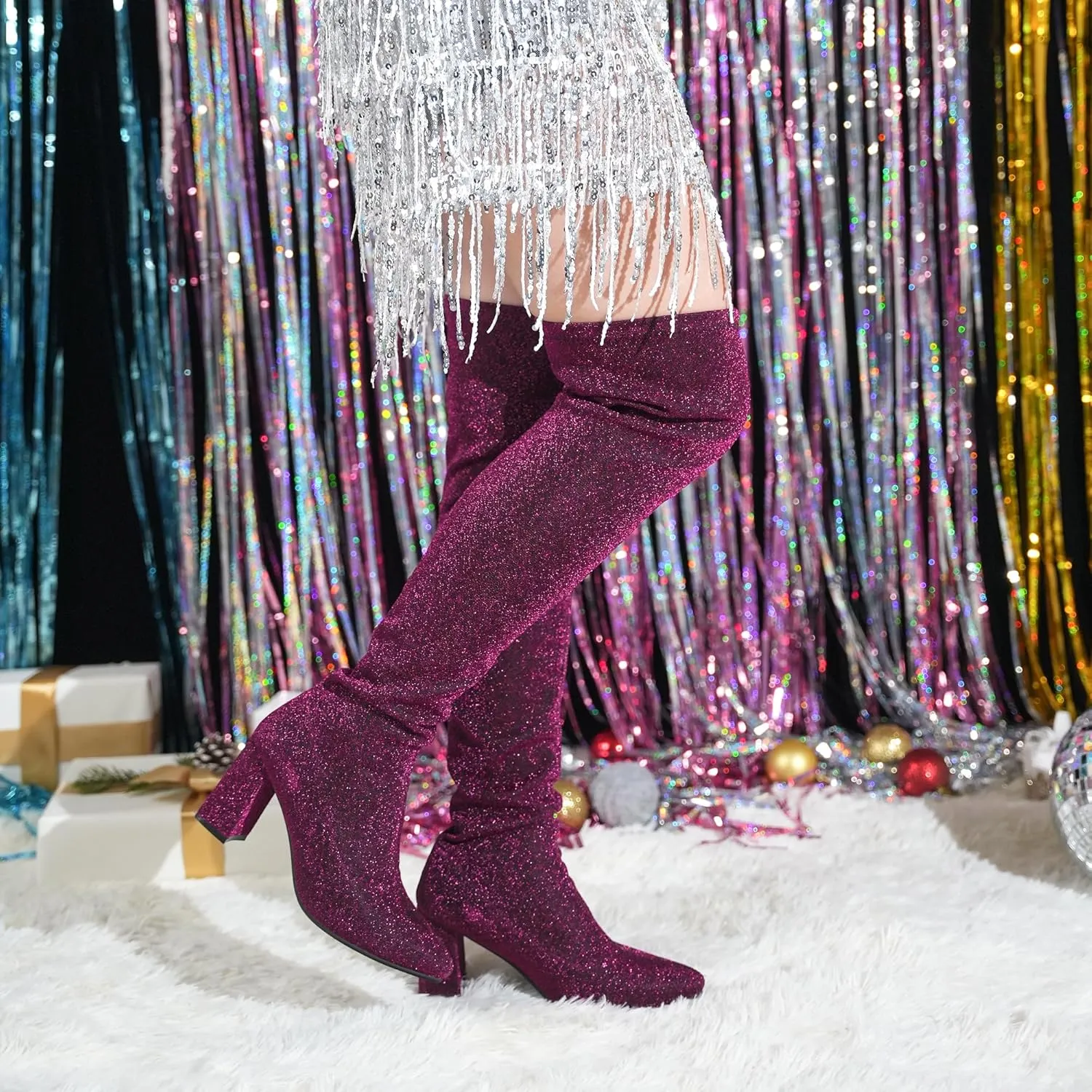 Hawkwell Women's Comfort Chunky Thigh High Boots Pointy-toe and High-heel Party Wedding Shiny Dressy Over The Knee Boots