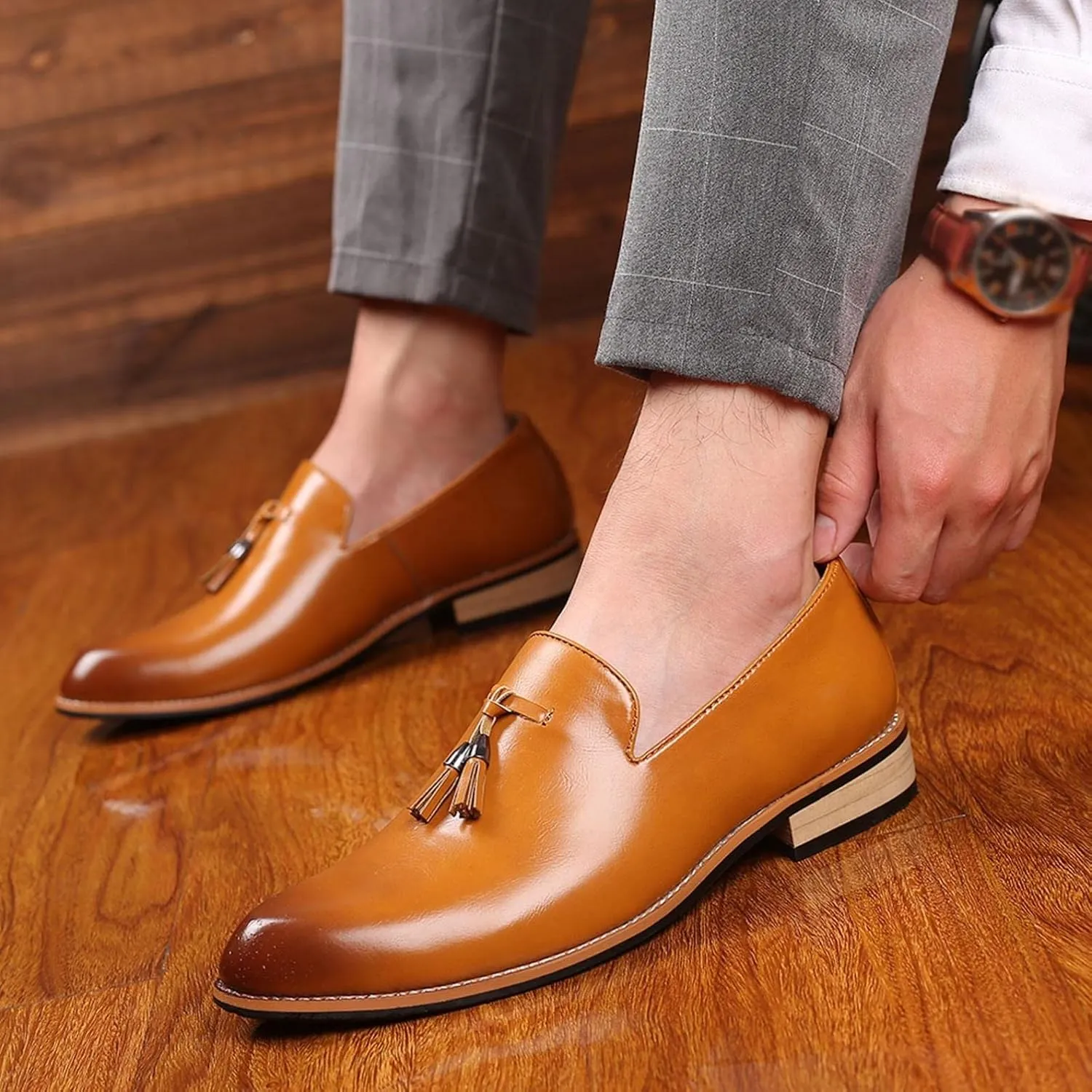 Hbeylia Business Dress Shoes For Men Classic Fashion Tassel Fringe Gradient Design Leather Pointed Toe Tuxedo Oxford Wingtip Dress Shoes For Men Office Work Wedding Party