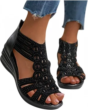 Hbeylia Flat Sandals for Women,Rhinestones Hollow Out Peep Toe Cross Strap Sandals for Womens Glitter Zipper Roman Gladiator Sandals Shoes Summer Casual Daily Sandals