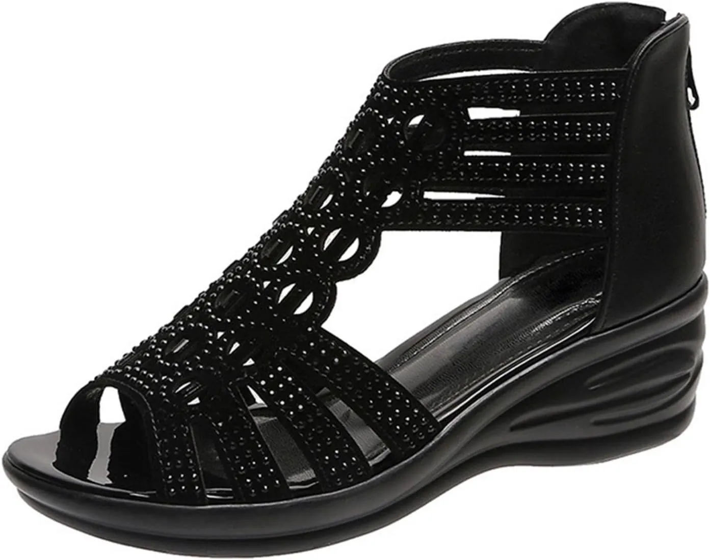 Hbeylia Flat Sandals for Women,Rhinestones Hollow Out Peep Toe Cross Strap Sandals for Womens Glitter Zipper Roman Gladiator Sandals Shoes Summer Casual Daily Sandals