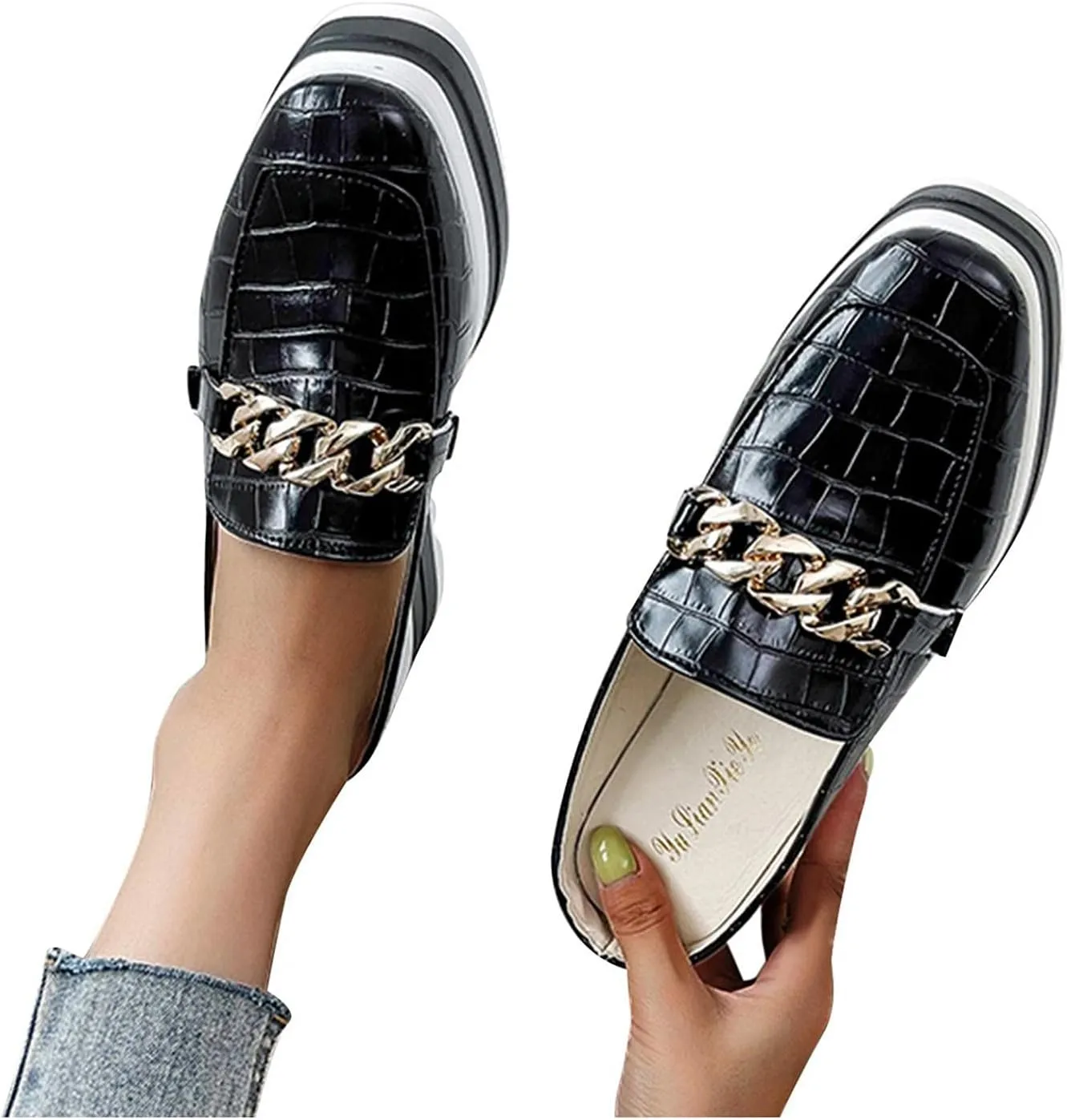 Hbeylia Platfoam Mule Shoes For Women Ladies Fashion Casual Faux Snake Leather Metal Chain Round Toe Chunky Bottom High Heels Slip On Flats Dressy Slippers Fall Dress Oxfords Slider Shoes