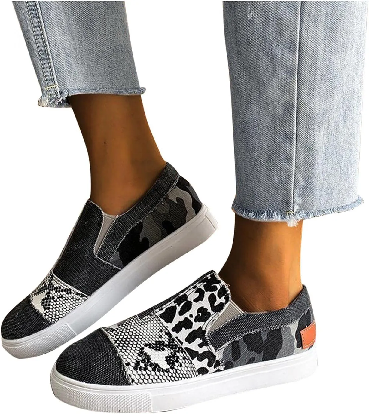 Hbeylia Platform Fashion Sneakers For Women Leopard Design Casual Low Top Canvas Shoes Trendy Chunky Bottom Heels Slip On Flats Loafers Driving Walking Shoes For Ladies