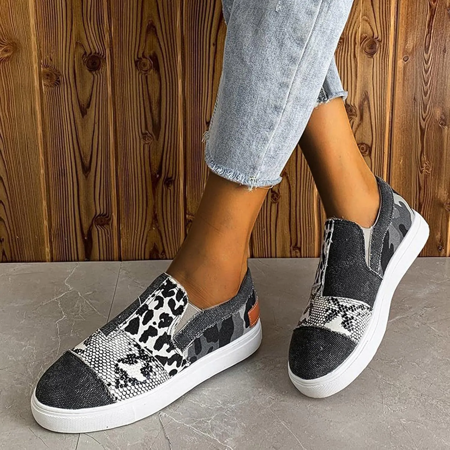 Hbeylia Platform Fashion Sneakers For Women Leopard Design Casual Low Top Canvas Shoes Trendy Chunky Bottom Heels Slip On Flats Loafers Driving Walking Shoes For Ladies