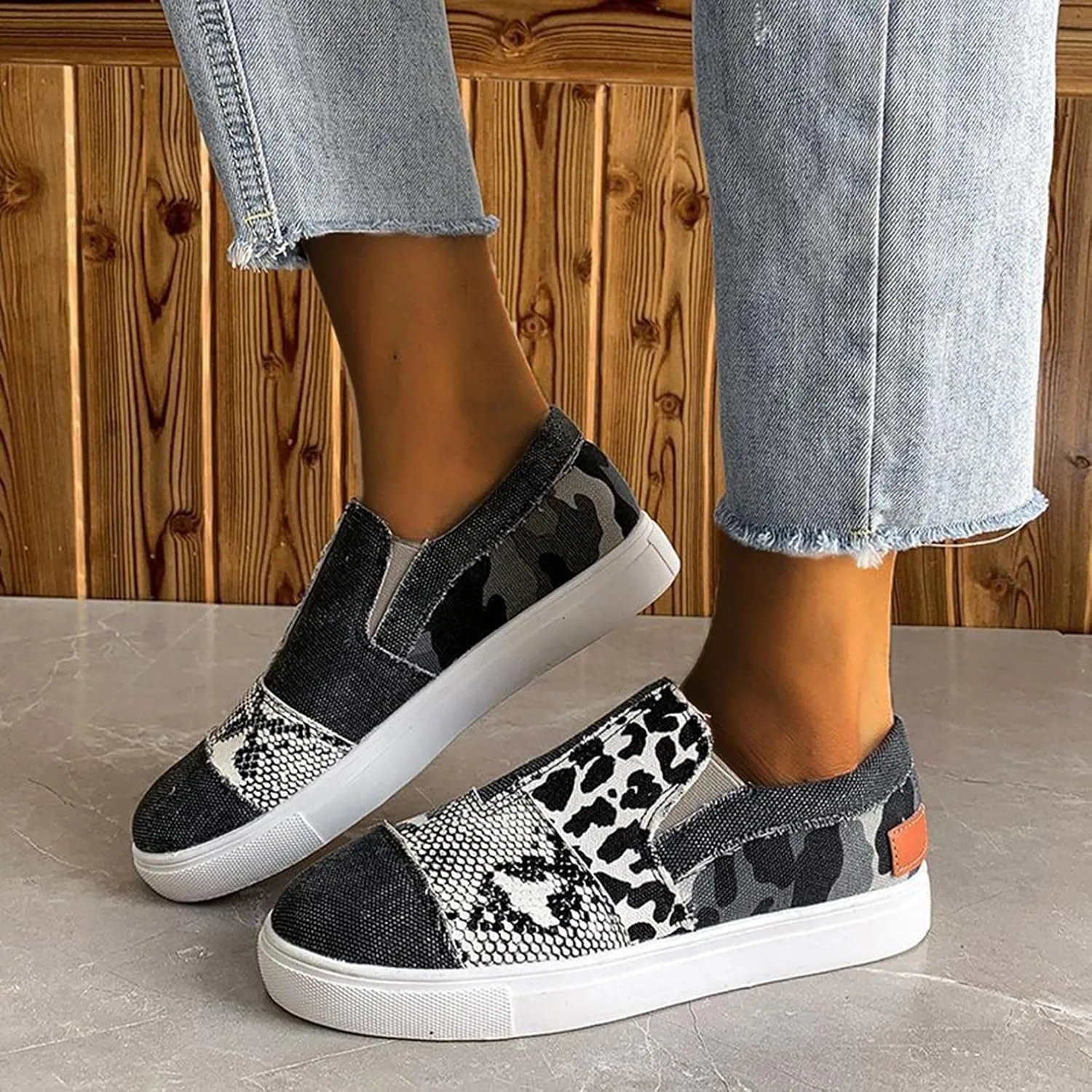 Hbeylia Platform Fashion Sneakers For Women Leopard Design Casual Low Top Canvas Shoes Trendy Chunky Bottom Heels Slip On Flats Loafers Driving Walking Shoes For Ladies