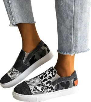 Hbeylia Platform Fashion Sneakers For Women Leopard Design Casual Low Top Canvas Shoes Trendy Chunky Bottom Heels Slip On Flats Loafers Driving Walking Shoes For Ladies