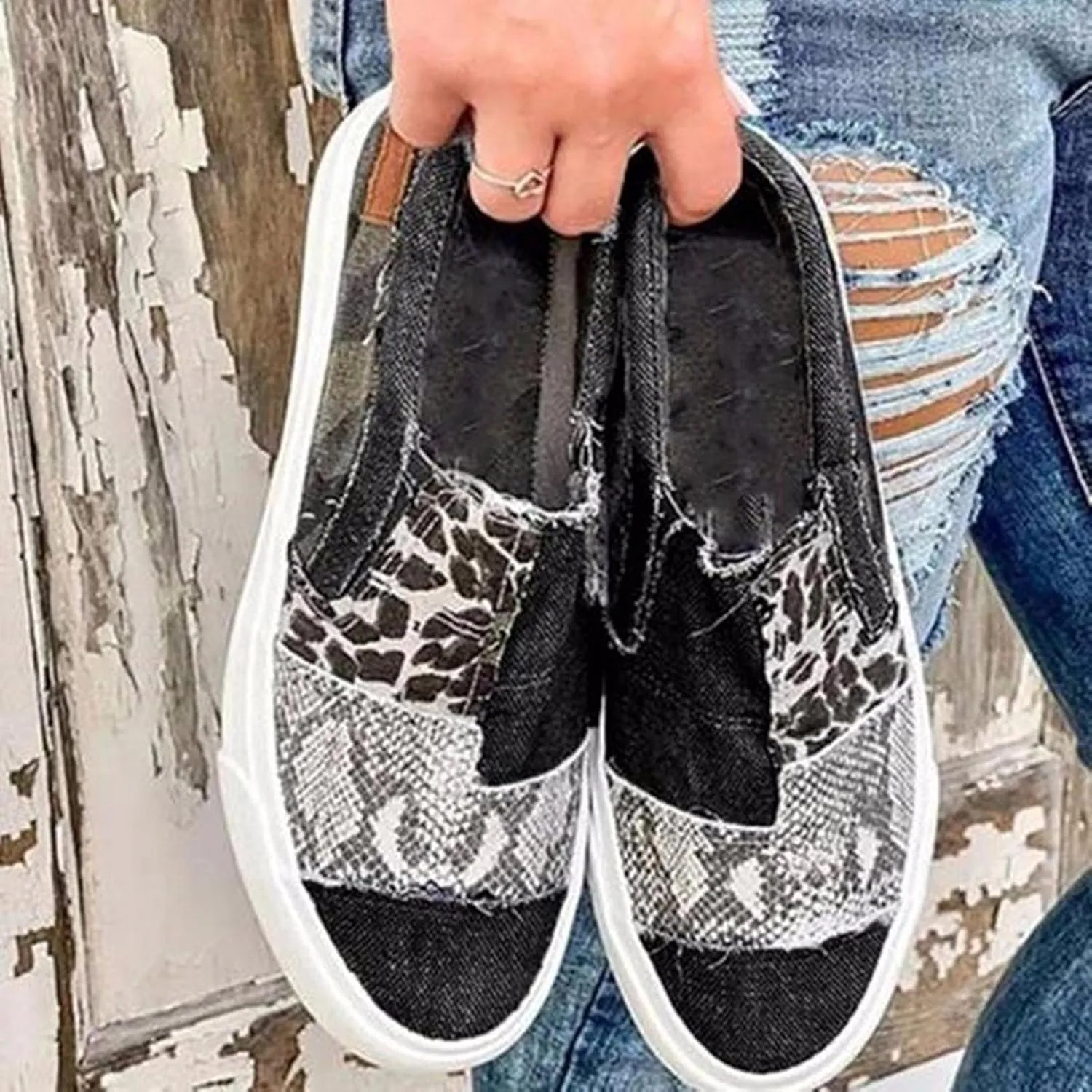 Hbeylia Platform Fashion Sneakers For Women Leopard Design Casual Low Top Canvas Shoes Trendy Chunky Bottom Heels Slip On Flats Loafers Driving Walking Shoes For Ladies
