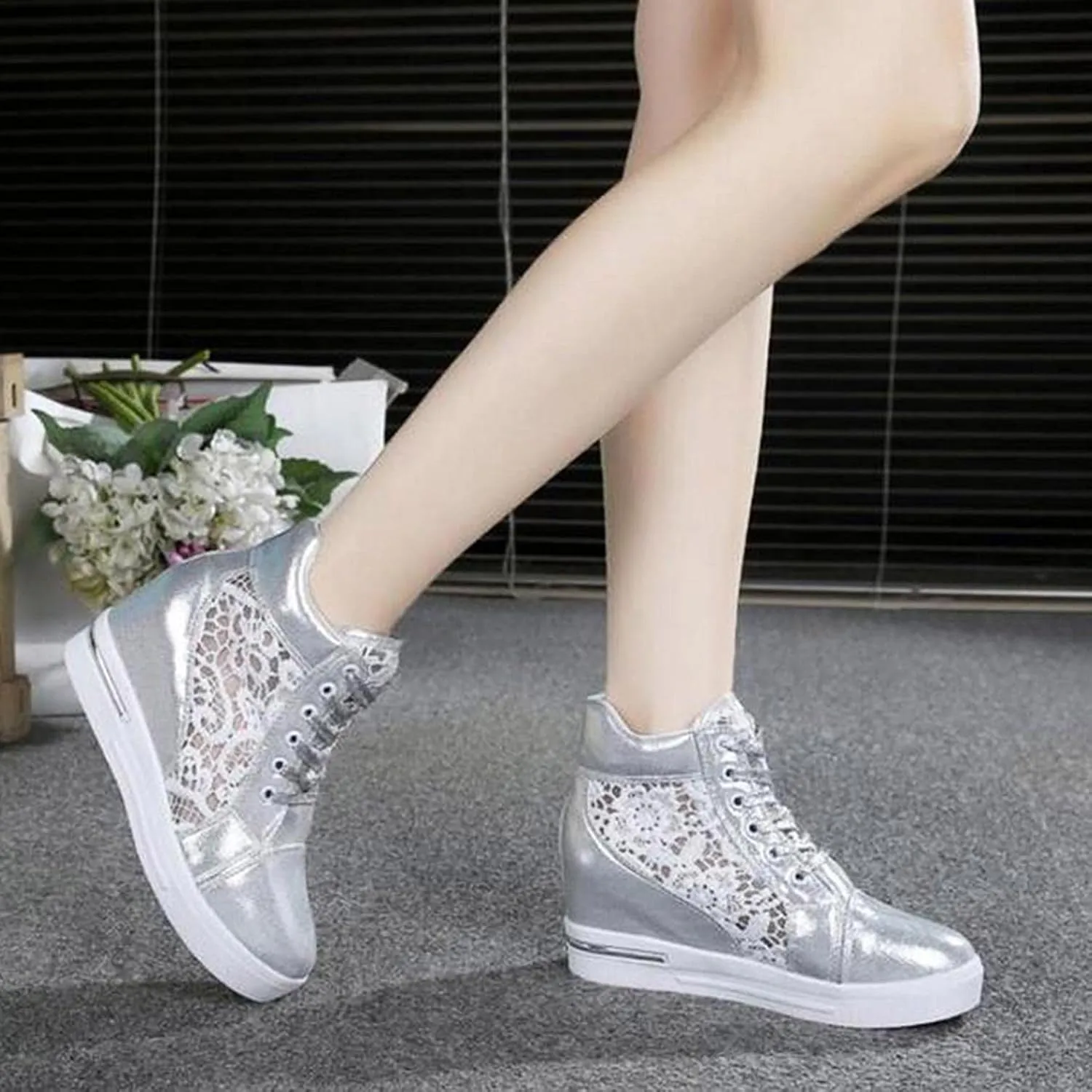Hbeylia Platform Hidden Heels Sneakers for Women Lace Crochet Lace Up Chunky Bottom High Heels High Top Canvas Shoes Loafers