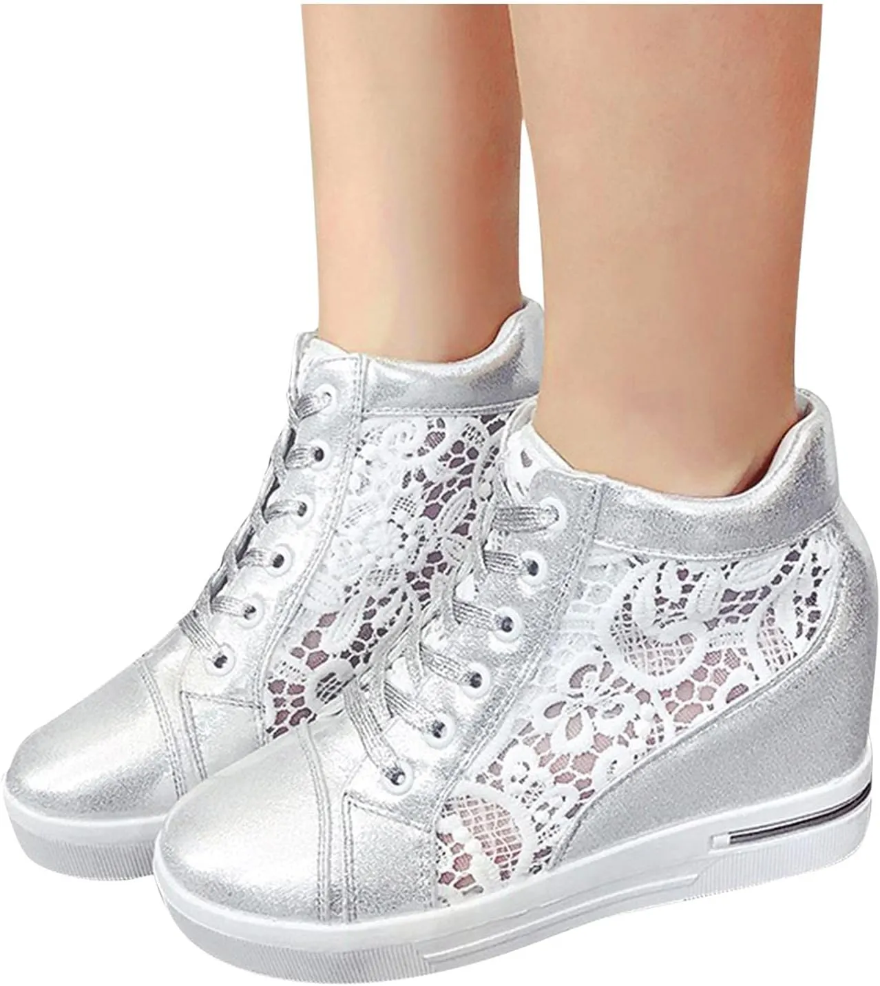 Hbeylia Platform Hidden Heels Sneakers for Women Lace Crochet Lace Up Chunky Bottom High Heels High Top Canvas Shoes Loafers