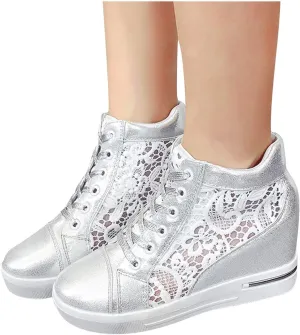 Hbeylia Platform Hidden Heels Sneakers for Women Lace Crochet Lace Up Chunky Bottom High Heels High Top Canvas Shoes Loafers
