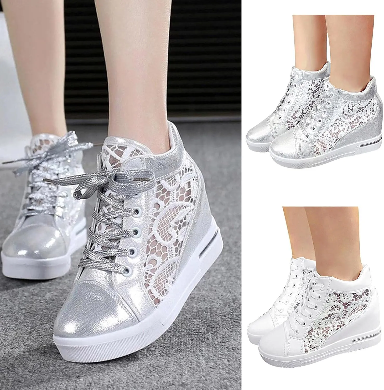 Hbeylia Platform Hidden Heels Sneakers for Women Lace Crochet Lace Up Chunky Bottom High Heels High Top Canvas Shoes Loafers