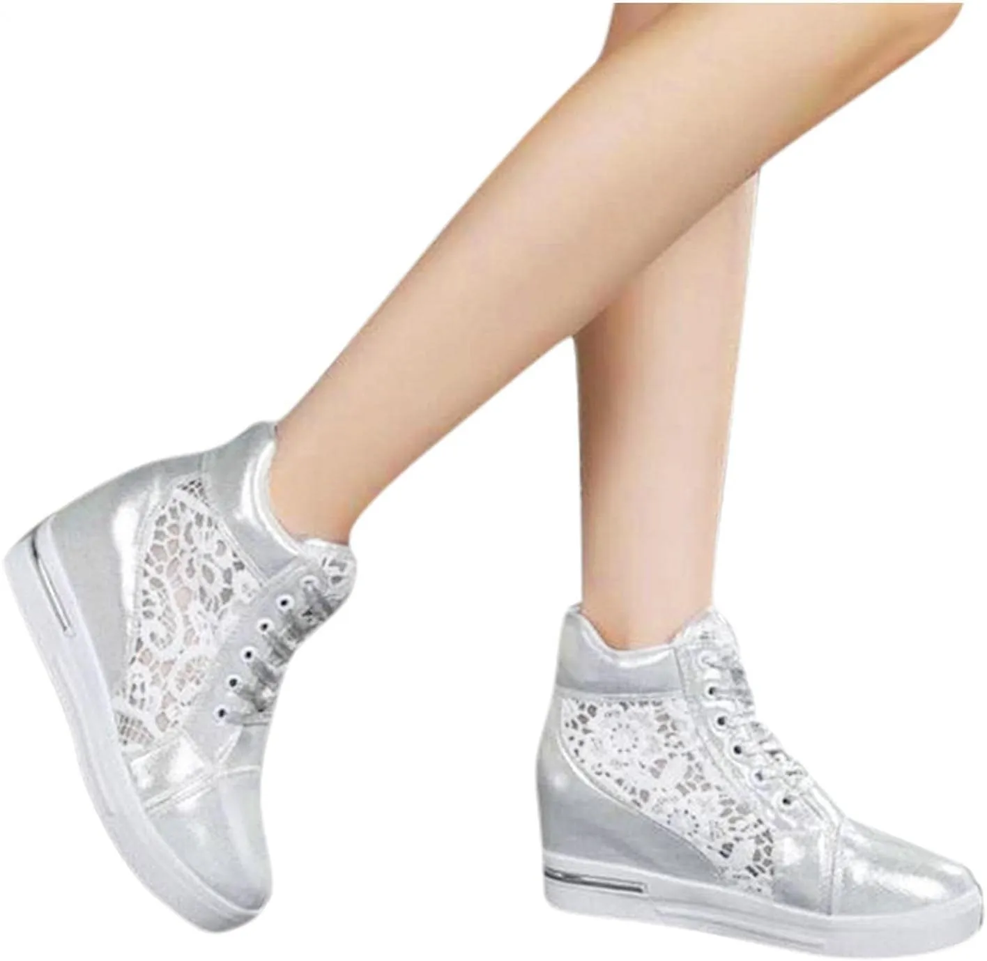 Hbeylia Platform Hidden Heels Sneakers for Women Lace Crochet Lace Up Chunky Bottom High Heels High Top Canvas Shoes Loafers