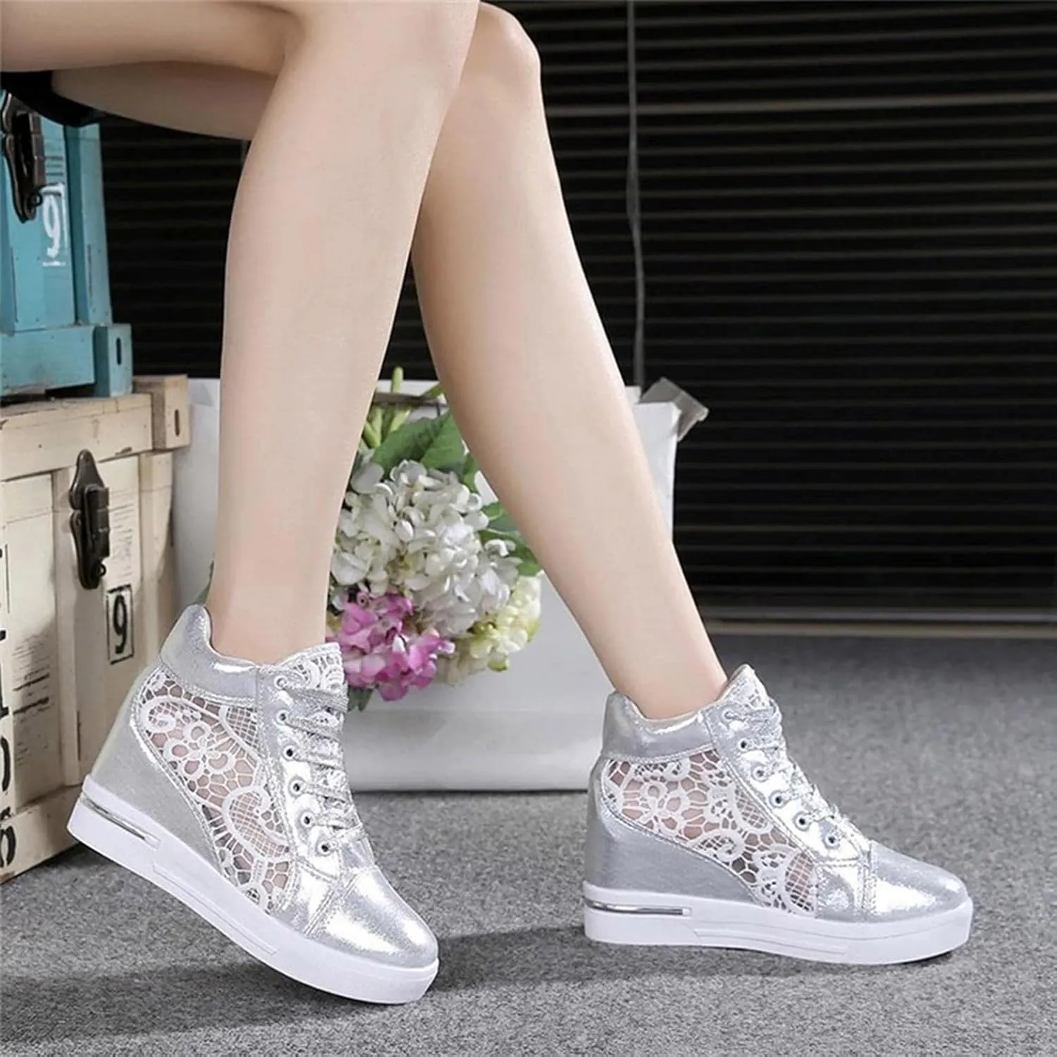 Hbeylia Platform Hidden Heels Sneakers for Women Lace Crochet Lace Up Chunky Bottom High Heels High Top Canvas Shoes Loafers