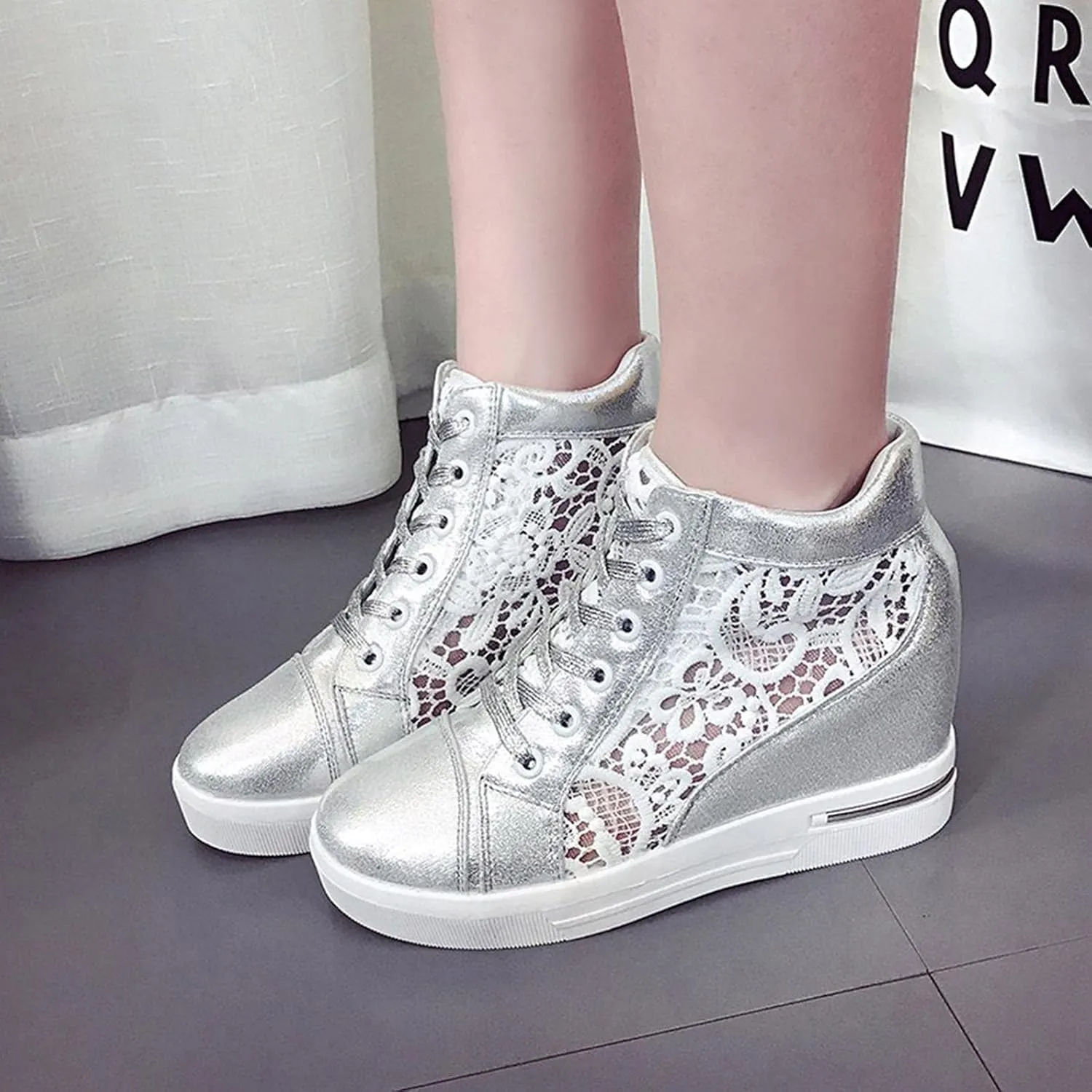 Hbeylia Platform Hidden Heels Sneakers for Women Lace Crochet Lace Up Chunky Bottom High Heels High Top Canvas Shoes Loafers