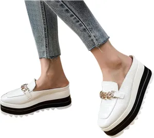 Hbeylia Platform Mule Slippers Shoes For Women Ladies Fashion Snake Leather Metal Chain Square Toe Chunky Bottom High Heels Slip On Loafers Sandals Casual Flats Dress Walking Slides Shoes For Fall