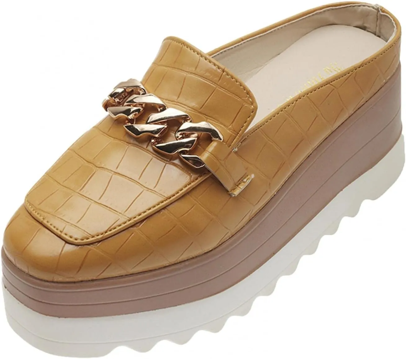 Hbeylia Platform Mule Slippers Shoes For Women Ladies Fashion Snake Leather Metal Chain Square Toe Chunky Bottom High Heels Slip On Loafers Sandals Casual Flats Dress Walking Slides Shoes For Fall