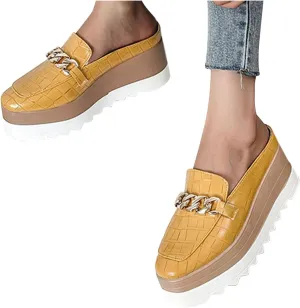 Hbeylia Platform Mule Slippers Shoes For Women Ladies Fashion Snake Leather Metal Chain Square Toe Chunky Bottom High Heels Slip On Loafers Sandals Casual Flats Dress Walking Slides Shoes For Fall
