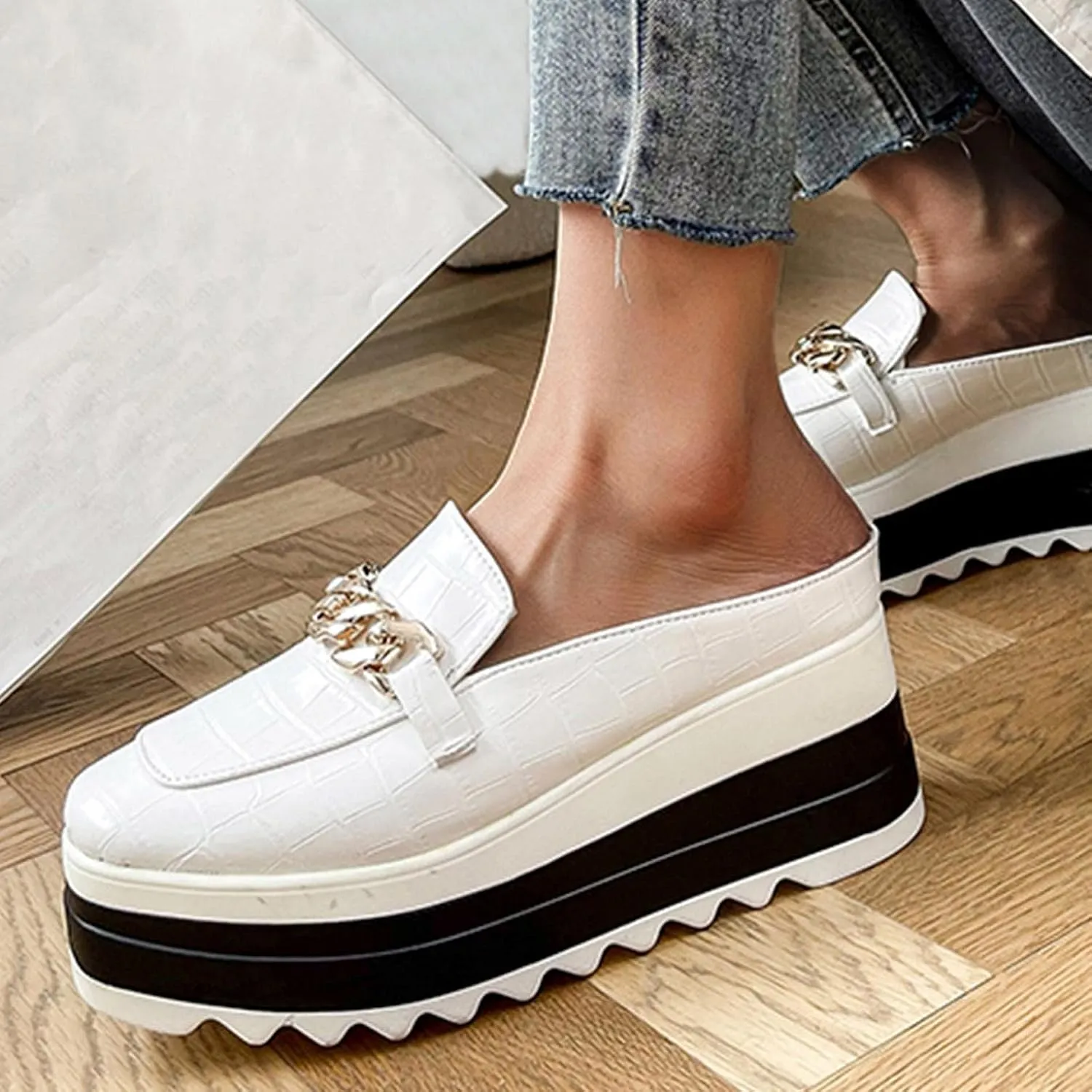 Hbeylia Platform Mule Slippers Shoes For Women Ladies Fashion Snake Leather Metal Chain Square Toe Chunky Bottom High Heels Slip On Loafers Sandals Casual Flats Dress Walking Slides Shoes For Fall
