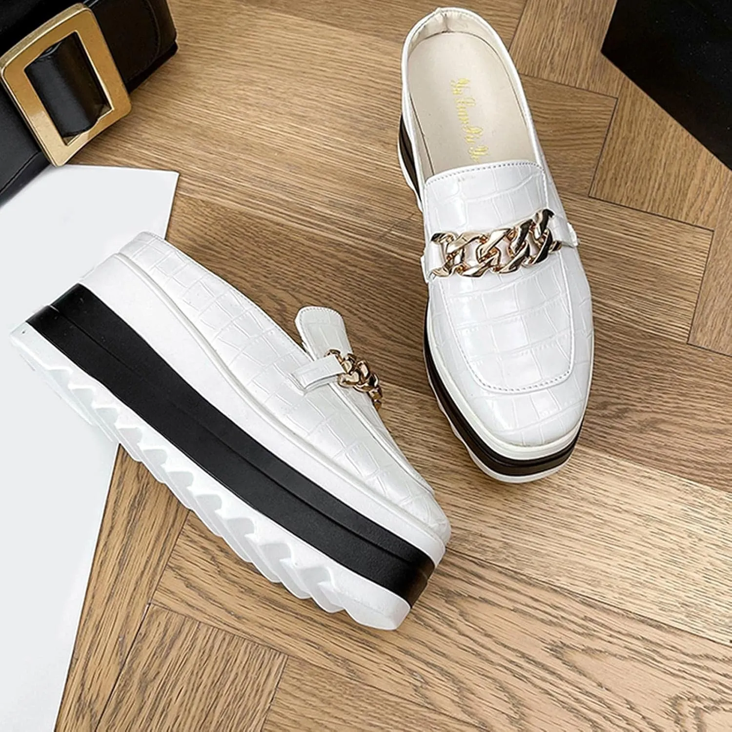 Hbeylia Platform Mule Slippers Shoes For Women Ladies Fashion Snake Leather Metal Chain Square Toe Chunky Bottom High Heels Slip On Loafers Sandals Casual Flats Dress Walking Slides Shoes For Fall