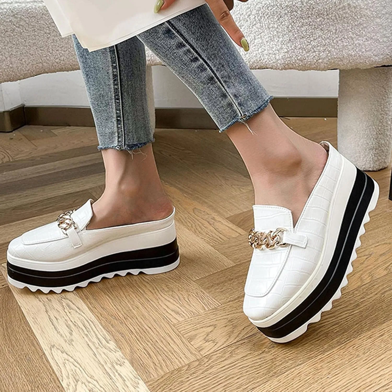 Hbeylia Platform Mule Slippers Shoes For Women Ladies Fashion Snake Leather Metal Chain Square Toe Chunky Bottom High Heels Slip On Loafers Sandals Casual Flats Dress Walking Slides Shoes For Fall