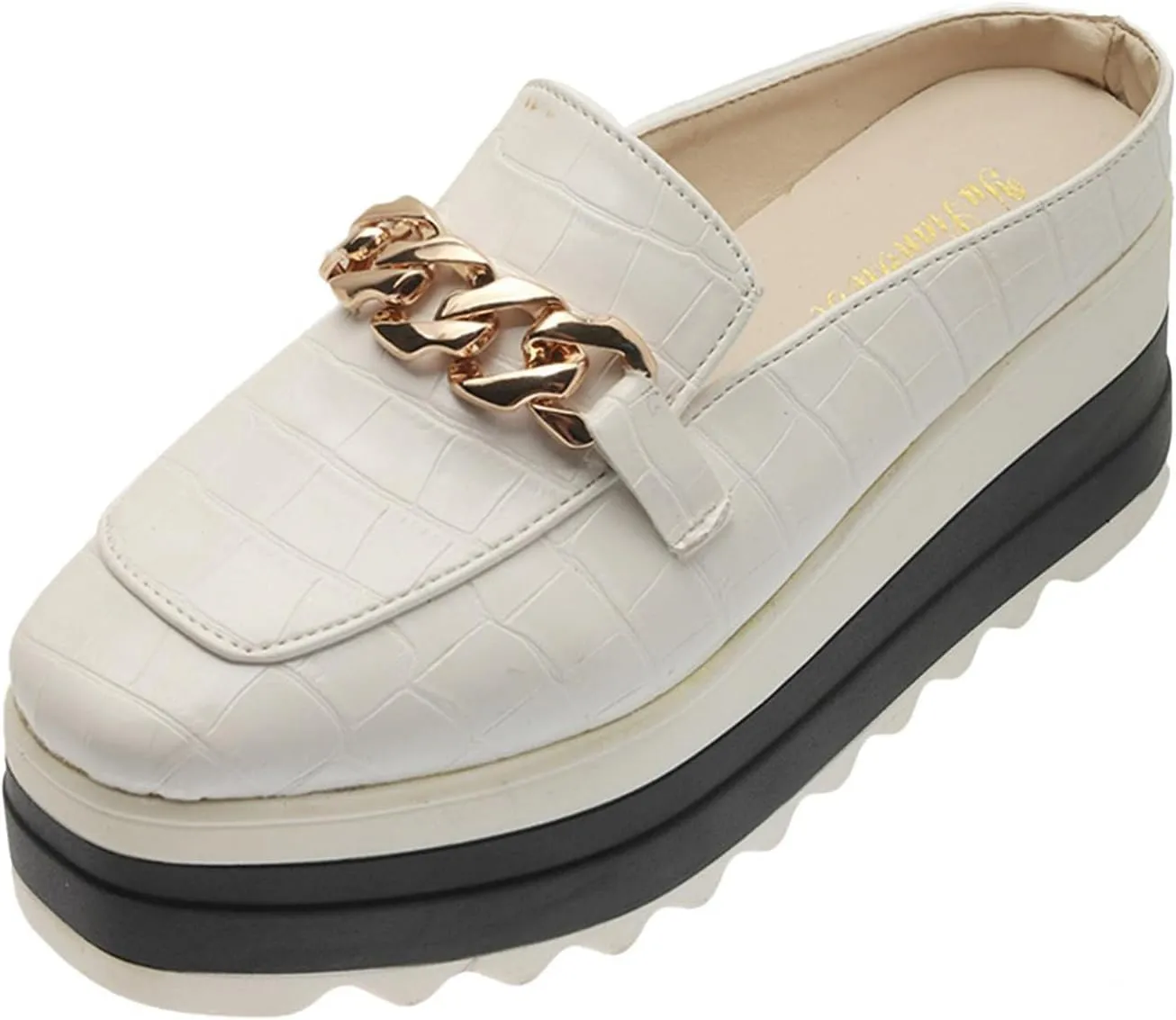 Hbeylia Platform Mule Slippers Shoes For Women Ladies Fashion Snake Leather Metal Chain Square Toe Chunky Bottom High Heels Slip On Loafers Sandals Casual Flats Dress Walking Slides Shoes For Fall