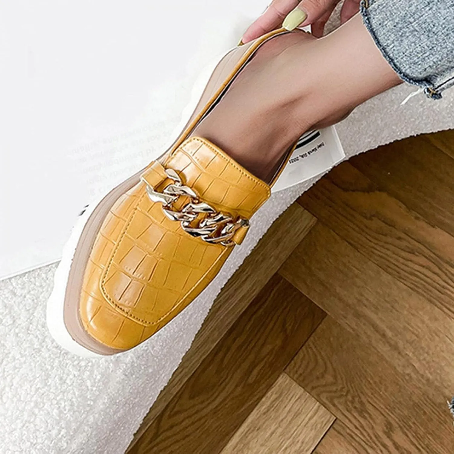 Hbeylia Platform Mule Slippers Shoes For Women Ladies Fashion Snake Leather Metal Chain Square Toe Chunky Bottom High Heels Slip On Loafers Sandals Casual Flats Dress Walking Slides Shoes For Fall