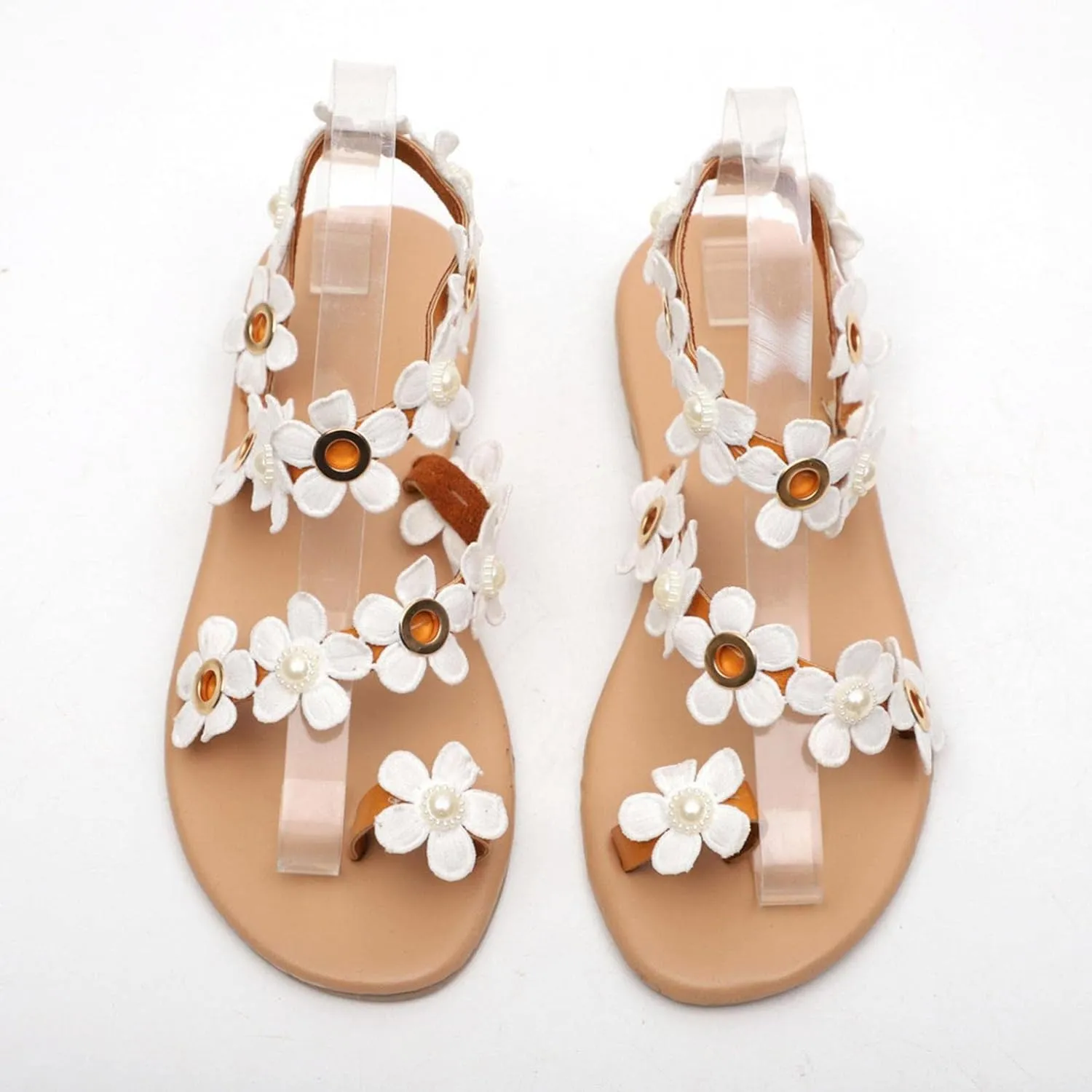 Hbeylia Women Wedding Flat Sandals Fashion Pearl Flower Design Low Top Slip On Gladiator Sandals with Toe Ring Bohemian Summer Beach Boho Flip Flops for Bride