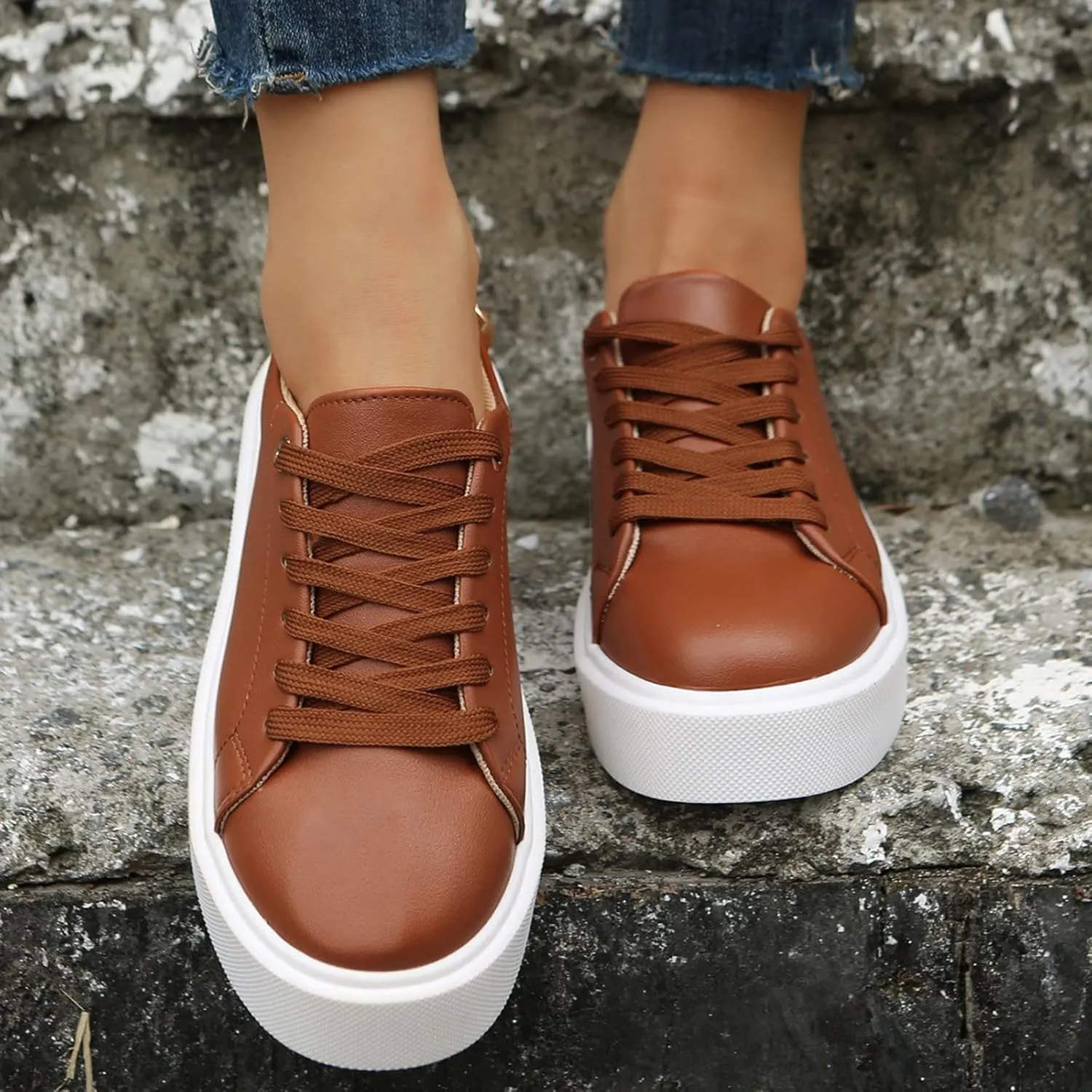 Hbeylia Women's Low-Top Sneakers Fashion Casual Platform Wedge Chunky Bottom Patchwork Lace Up Canvas Sneakers Comfortable Flats Breathable Wedge Sneakers Women Low Slip on Shoes