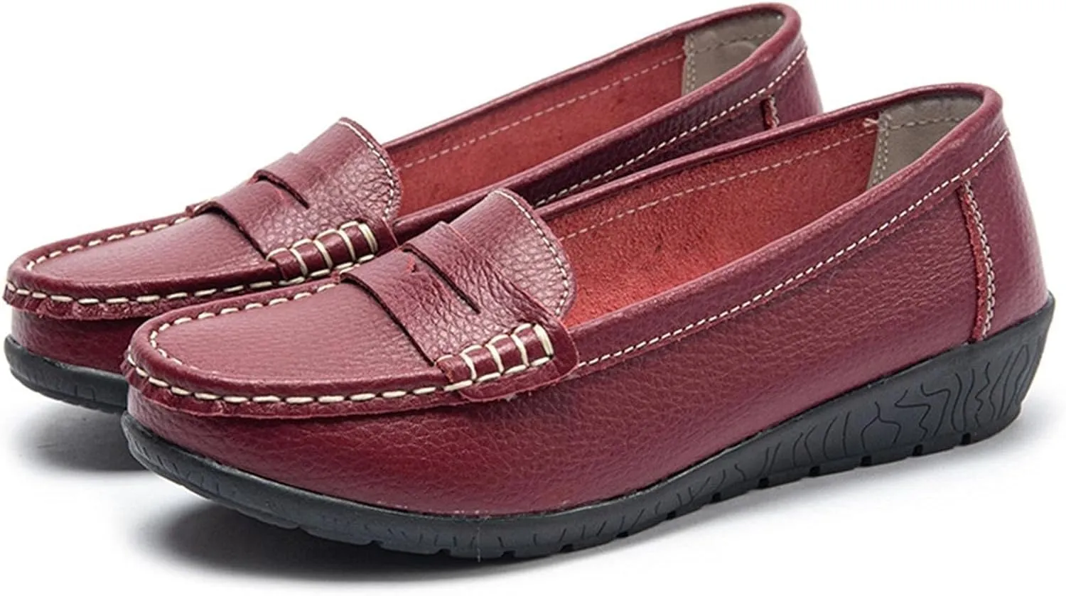 Hbeylia Women's Red Leather Slip On Loafers Fashion Casual Walking Shoes